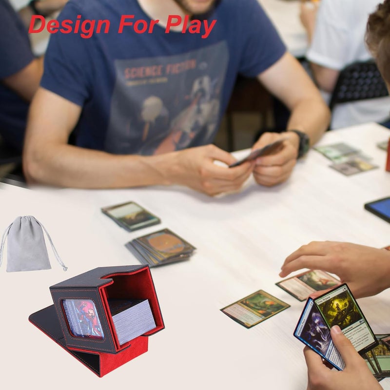 AFIING MTG Deck Box for Commander Display,Card Deck Box Fits 100 Double Sleeved Cards, Magic Commander TCG Card Storage Box with 2 Dividers,Drawstring Bag and 1 Toploader(Black/Red) - Image 5
